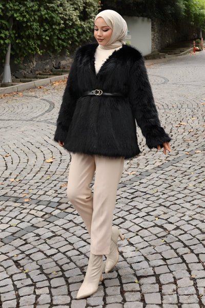 Siyah Kemerli Kürklü Ceket