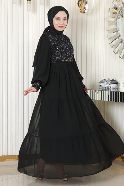 Siyah Pulpayetli Şifon Tesettür Abiye Elbise