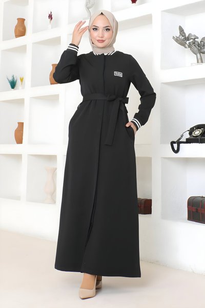 Siyah Ribanalı Gizli Düğmeli Ferace