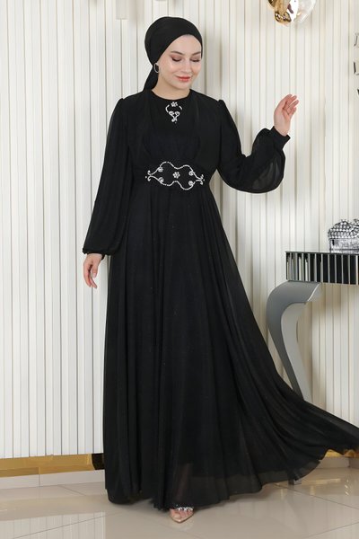 Siyah Simli Drapeli İnci Detaylı Şifon Abiye Elbise