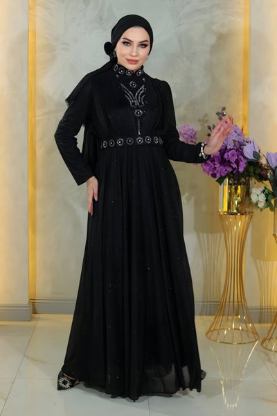 Siyah Simli Şifon Taş Detaylı Drapeli Tesettür Abiye Elbise
