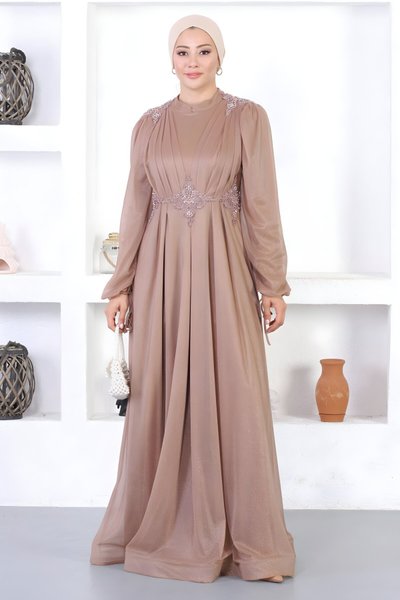Vizon Dantelli Simli İncili Tesettür Abiye Elbise