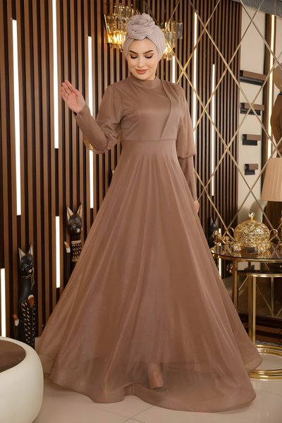 Vizon Simli Fermuar Detaylı Tesettür Abiye Elbise