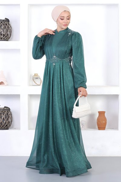 Zümrüt Dantelli İncili Simli Tesettür Abiye Elbise