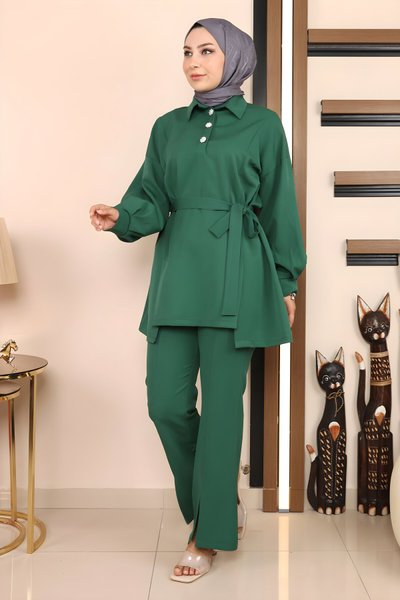 Zümrüt İkili Yırtmaçlı Tesettür Takım