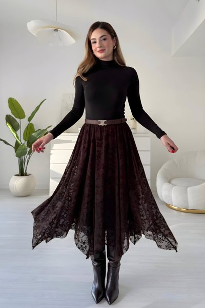 Kahverengi Çiçek Desenli Asimetrik Kesim Dantel Tesettür Etek