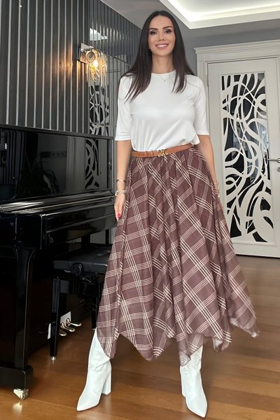 Kahverengi Ekose Desen Asimetrik Beli Lastikli Şifon Tesettür Etek