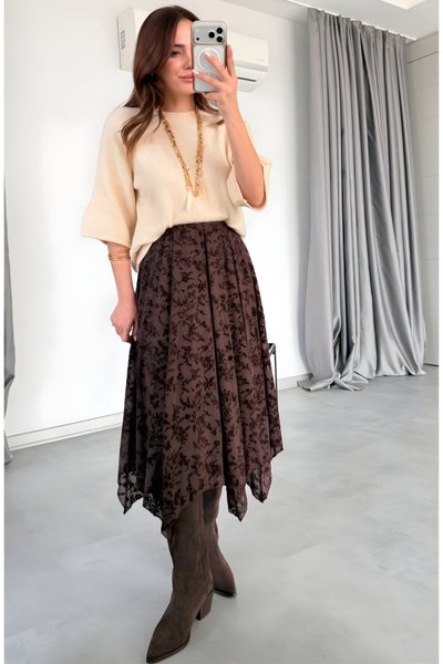 Kahverengi Nakış İşlemeli Asimetrik Kesim Tesettür Etek