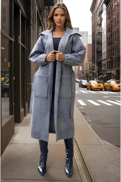 Antrasit Uzun Salaş Balon Kol Şal Yaka Kalın Örgü Triko Tesettür Kaban