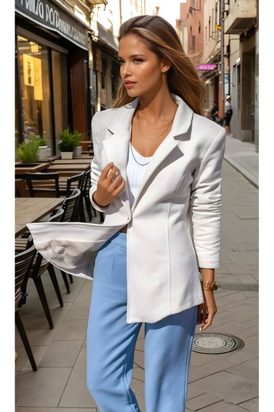 Beyaz Kendinden Desenli Astarlı Kaşe Tek Düğmeli Blazer Ceket