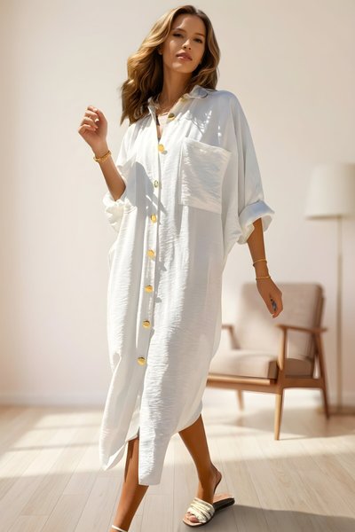 Ekru Oversize Yarasa Kol Keten Karışımlı Gömlek Tunik