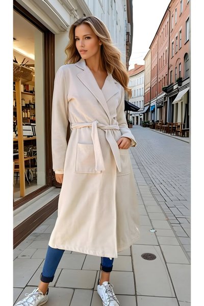 Ekru Uzun Astarsız Kaşe Tesettür Kaban