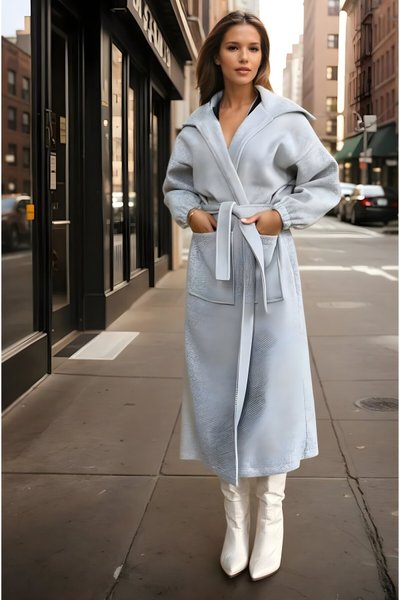 Gri Uzun Salaş Kalın Örgü Balon Kol Tesettür Kaban