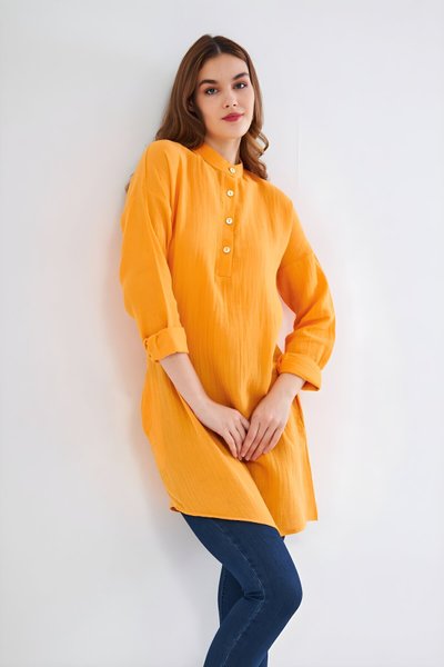 Hardal Yazlık Muslin Uzun Kollu Hakim Yaka Cepli Tesettür Tunik