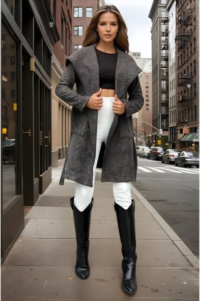 Kahverengi Kapüşonlu Kruvaze Kaşe Kaban