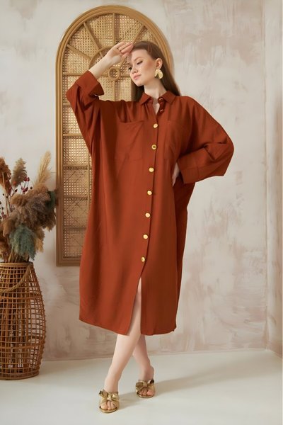 Kiremit Keten Karışımlı Yarasa Kol Gömlek Tunik