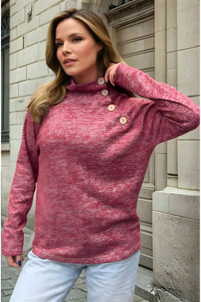 Kırmızı Rahat İnce Balıkçı Yaka Düğmeli Tesettür Kazak