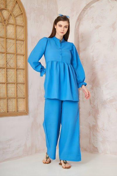 Mavi Gofre Balon Kol Büzgülü Beli Lastikli Cepli Tesettür İkili Takım