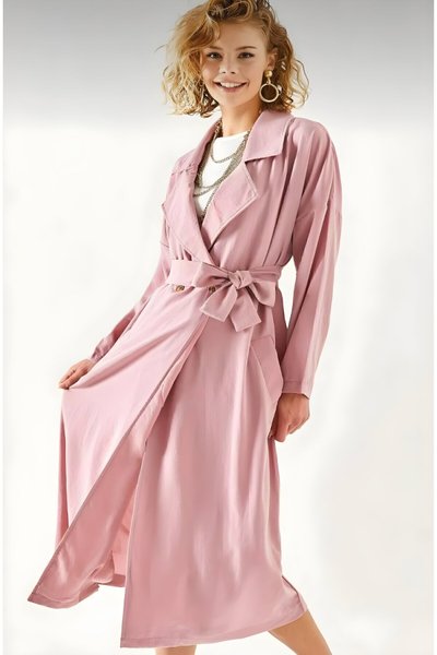 Long Extra Wide Fit Buttoned Belted Trench Coat - Pink