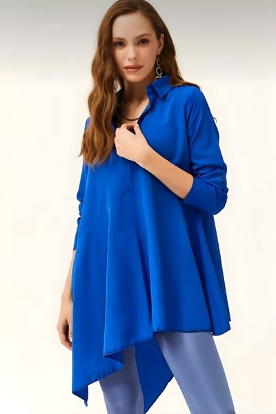 Saks Turuncu Uzun Asimetrik Terikoton Tunik