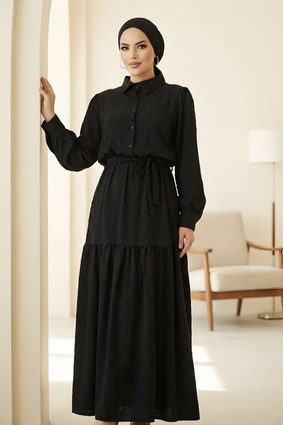 Siyah Uzun Balon Kollu Büyük Beden Tesettür Elbise