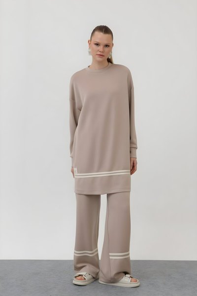 Bej Arma Ve Çizgi Detaylı Modal Kumaş İkili Tesettür Takım