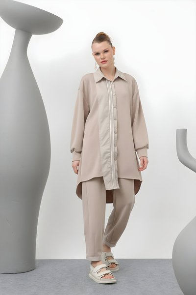 Bej İkili Modal Kumaş Paraşüt Garnili Tesettür Takım