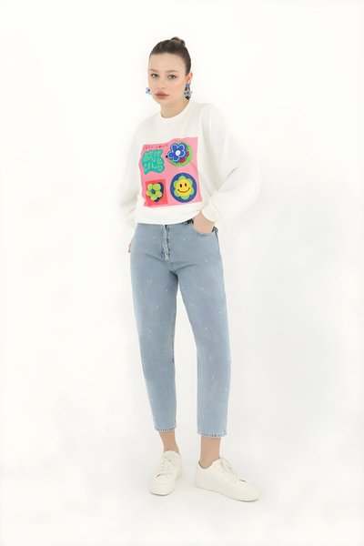 Buz Mavi Dar Paça Taş Detaylı Tesettür Pantolon