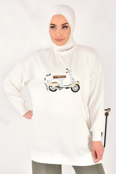 Ekru İki İplik Kumaş Scooter Nakışlı Tesettür Tunik
