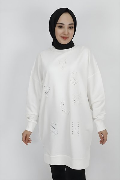 Ekru Taş Baskılı İki İp Kumaş Tesettür Tunik