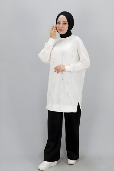 Ekru Taş Detaylı İp Kumaş Sweatshirt Tunik