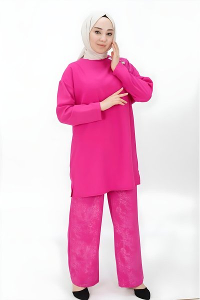 Fuşya İkili Aerobin Kumaş Omuzu Düğme Detaylı Tesettür Takım