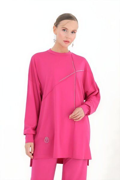 Fuşya Viskon Kumaş Önü Taşlı Tesettür Tunik