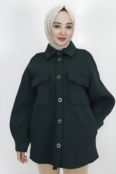 Haki İp Kumaş İçi Pamuklu Cepli Tesettür Ceket