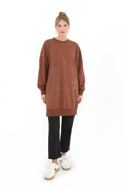 Kahve Taş Baskılı İki İplik Kumaş Tesettür Tunik