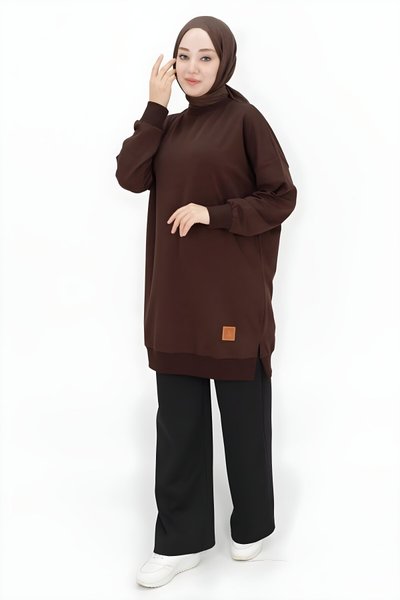 Kahverengi İki İp Kumaş Basic Sweatshirt Tunik