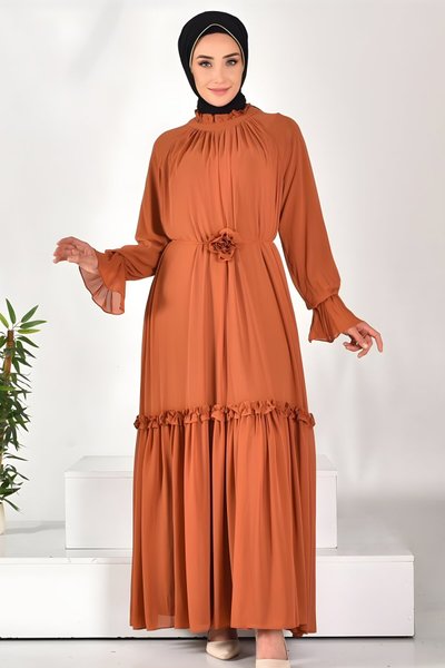 Kiremit Şifon Kumaş Kol Detaylı Tesettür Elbise