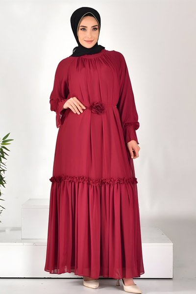 Mor Şifon Kol Detaylı Tesettür Elbise