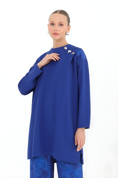 Saks Aerobin Kumaş Omuzu Düğme Detaylı İkili Tesettür Takım