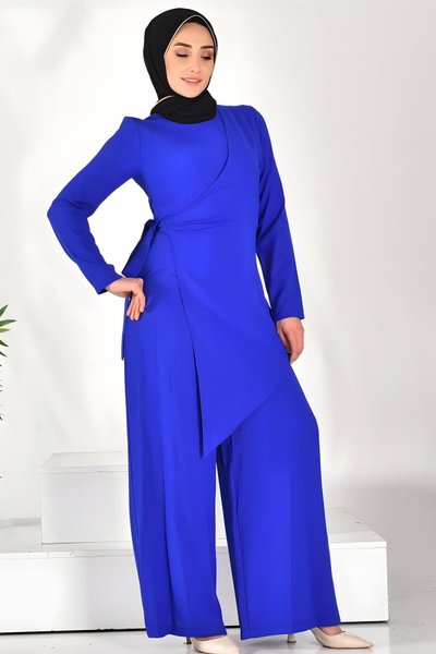 Saks Krep Kumaş Pelerinli Tesettür Tulum