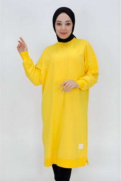 Sarı Uzun Boy Basic İki İplik Kumaş Tesettür Tunik
