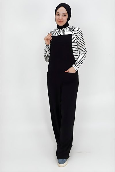 Siyah Bahçıvan Aerobin Kumaş Cepli Tesettür Tulum
