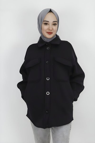 Siyah İki İp Kumaş İçi Pamuklu Cepli Tesettür Ceket