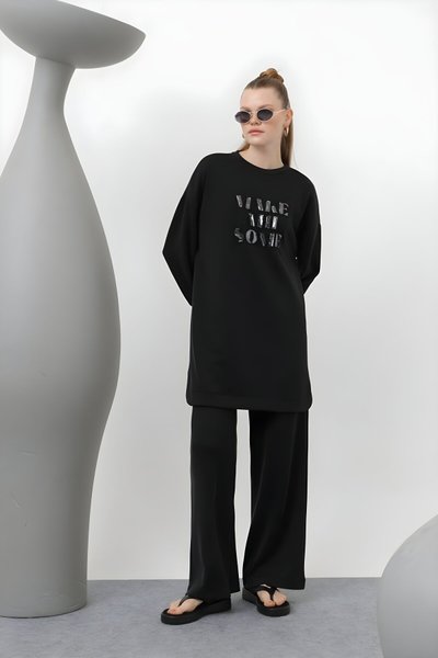 Siyah İkili Modal Pul Yazı Detaylı Tesettür Takım