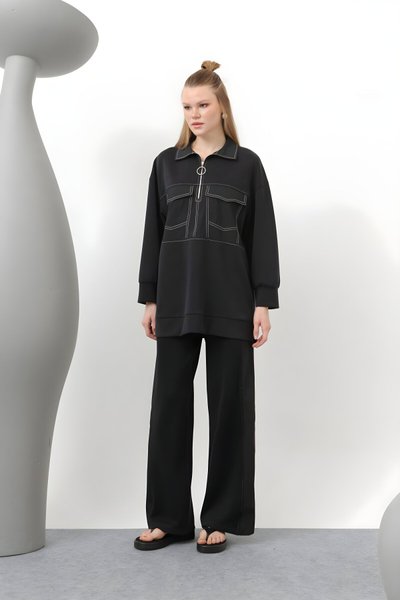 Siyah Modal Kumaş Cep Detaylı Tesettür Takım