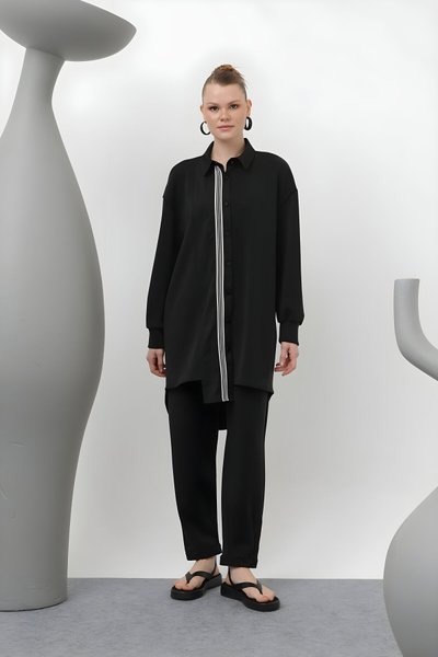 Siyah Modal Kumaş Paraşüt Garnili İkili Tesettür Takım