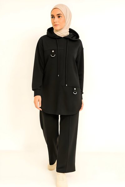 Siyah Oversize Kapişonlu İkili Takım