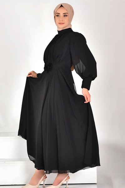 Siyah Şifon Pileli Tesettür Elbise