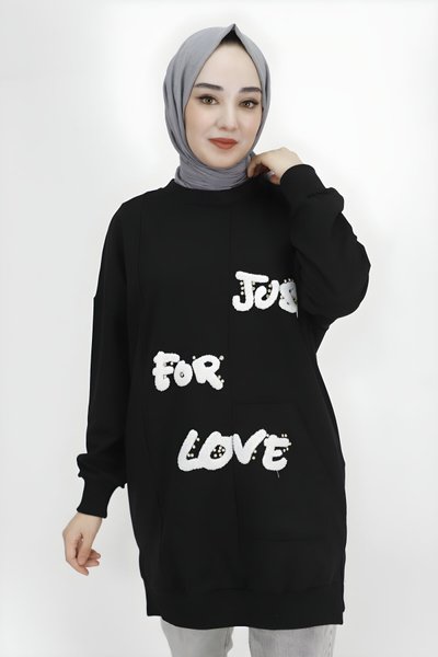 Siyah Tüy Baskılı İp Kumaş Tesettür Tunik