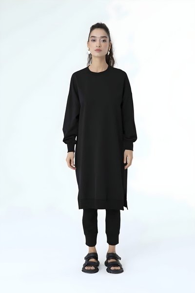 Siyah Uzun Boy Basic İki İp Kumaş Tesettür Tunik